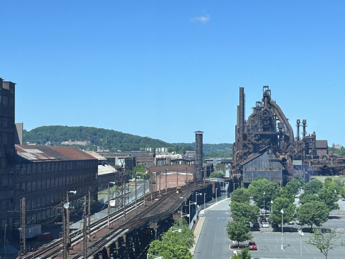 Blue sky background with image showing the old Steel Stacks and railway in Bethlehem, PA