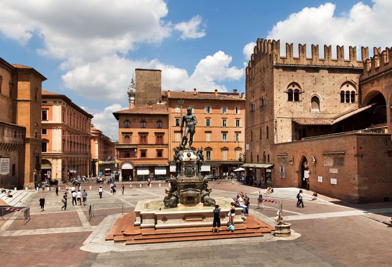 a piazza in Bologna, Italy in spring