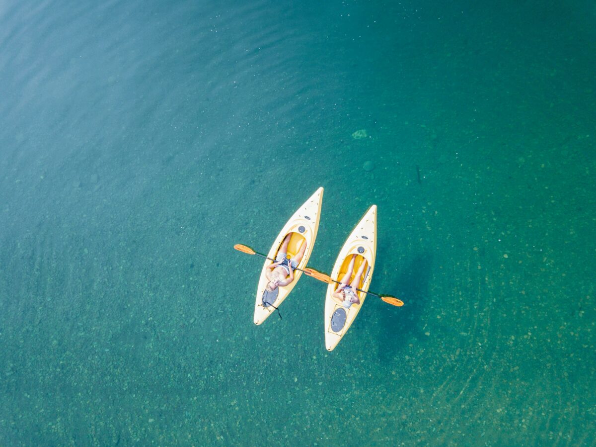 aerial shot of two people in kayaks in Corn Islands