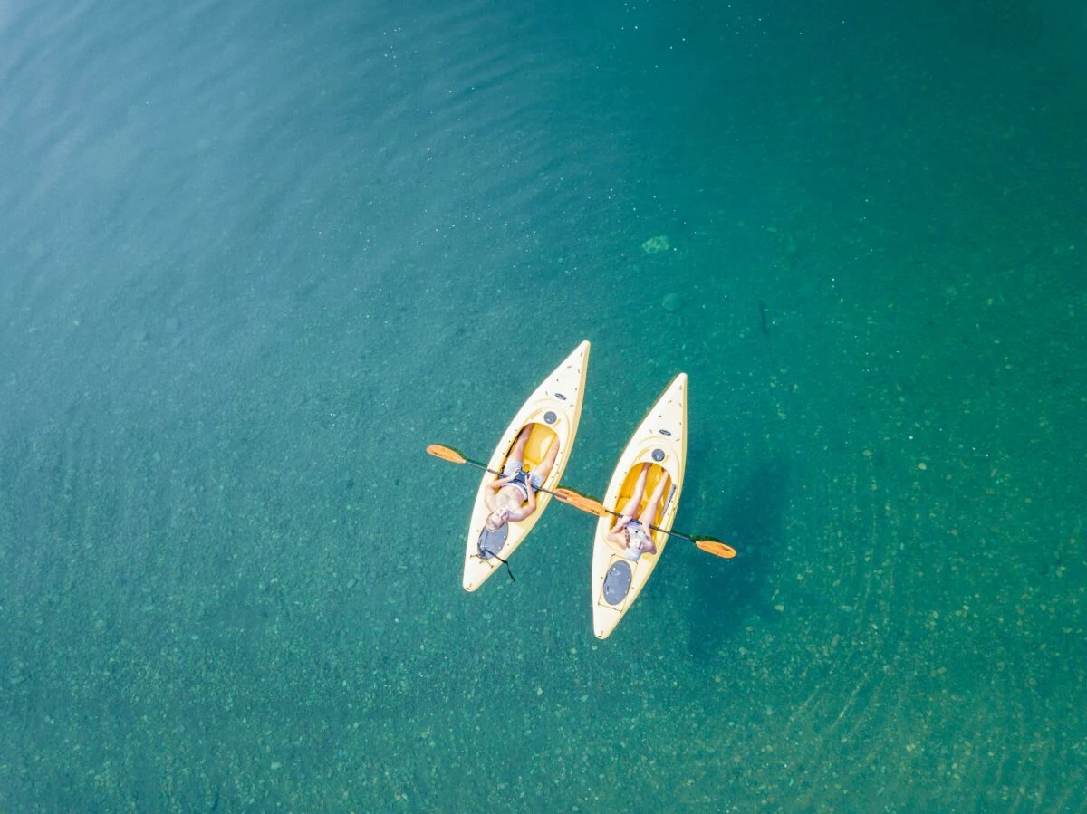 aerial shot of two people in kayaks in Corn Islands