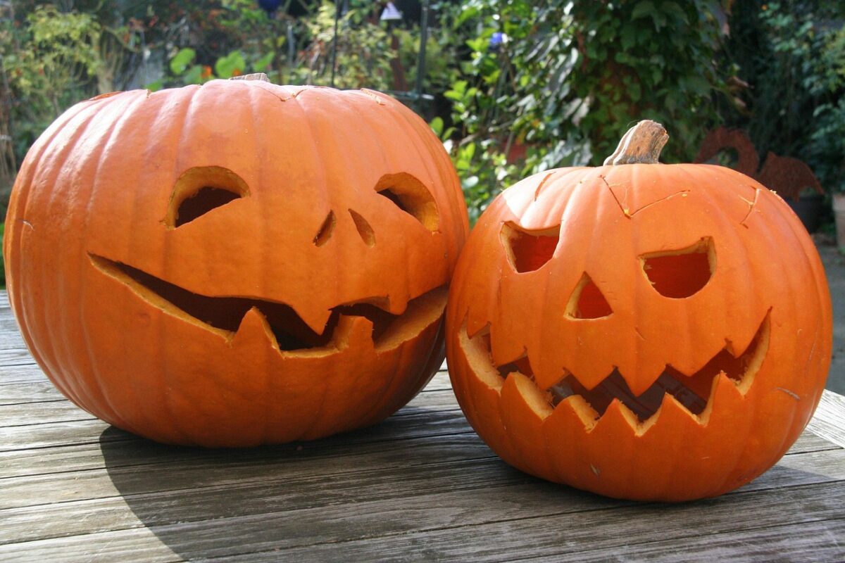 two orange jack o lanterns