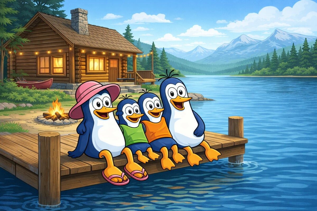cartoon of 4 penguins sitting on a dock in front of a lakeside cabin