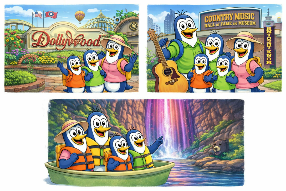 3 images of an animated penguin family of four enjoying Dollywood, the country music hall of fame and sailing down a river at a waterfall