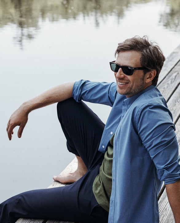 Bluffworks dress shirt in blue plaid, wrinkle-resistant for travel.