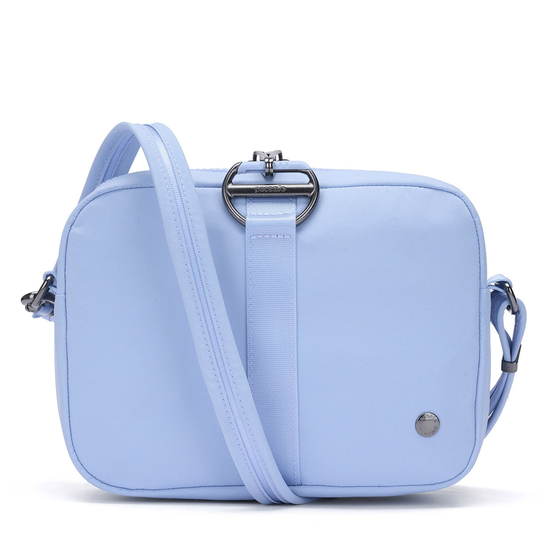 Pacsafe CX anti-theft square crossbody bag in serenity blue.