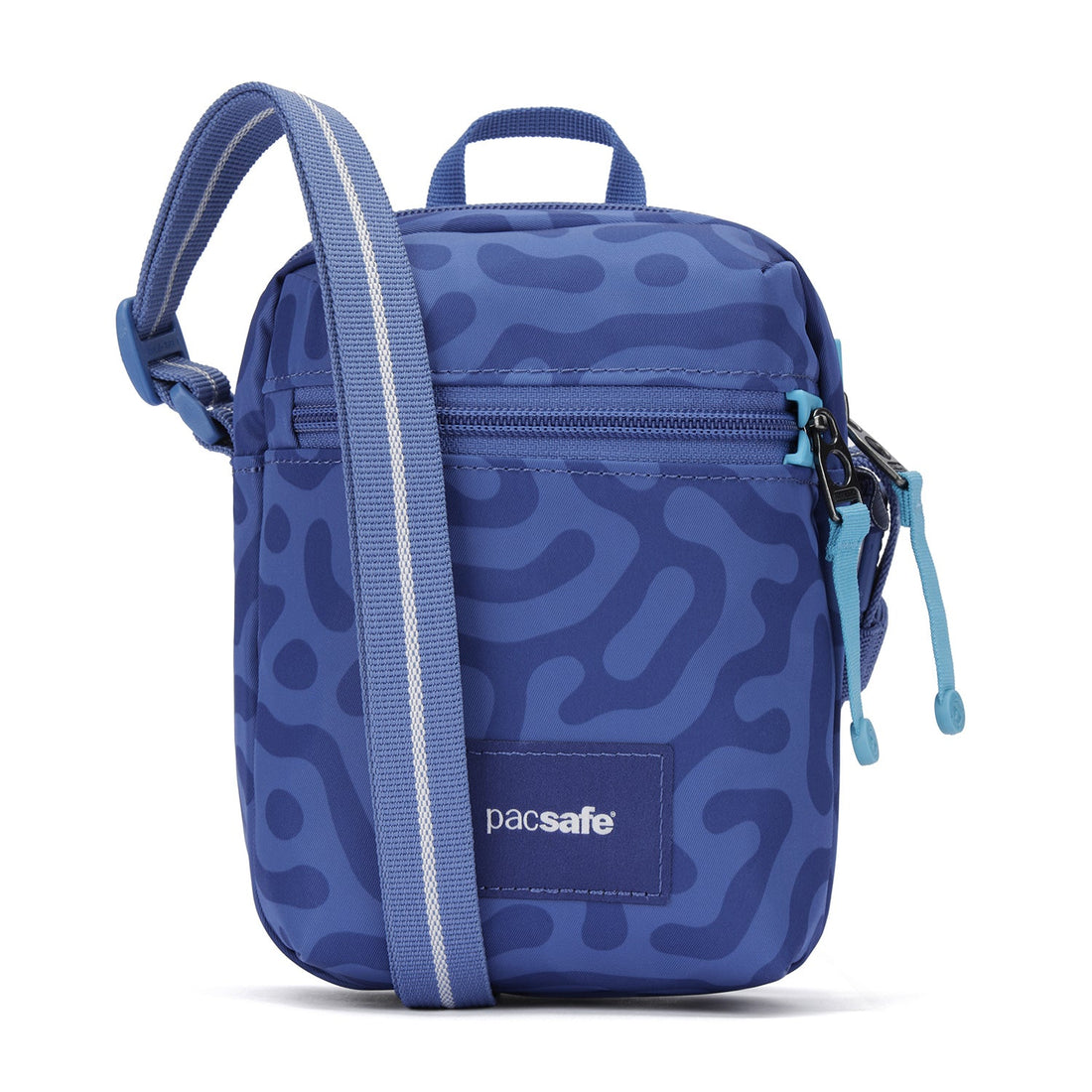 Pacsafe GO anti-theft micro crossbody in cerulean blue, a mini evening bag.